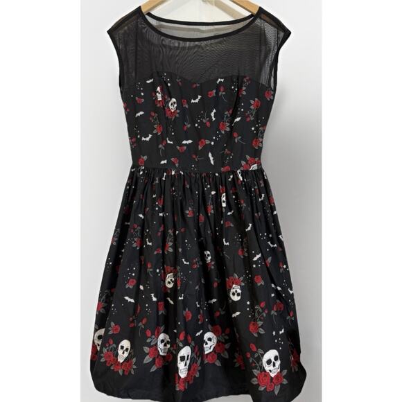 Hell Bunny Dresses & Skirts - Hell Bunny Black Midi Dress with Red Rose & White Skull Pattern
